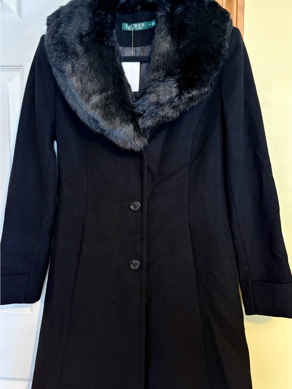 Ralph Lauren Black Wool Trench Coat with Faux Fur Collar